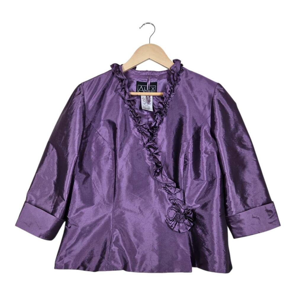 Alex Evenings Jacket L Plum Purple Shimmer Taffeta Ruffle Trim Formal Occasion